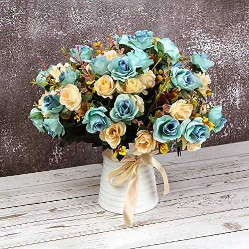 Eternal Blue and Yellow Rose Bouquets with Ceramic Vase